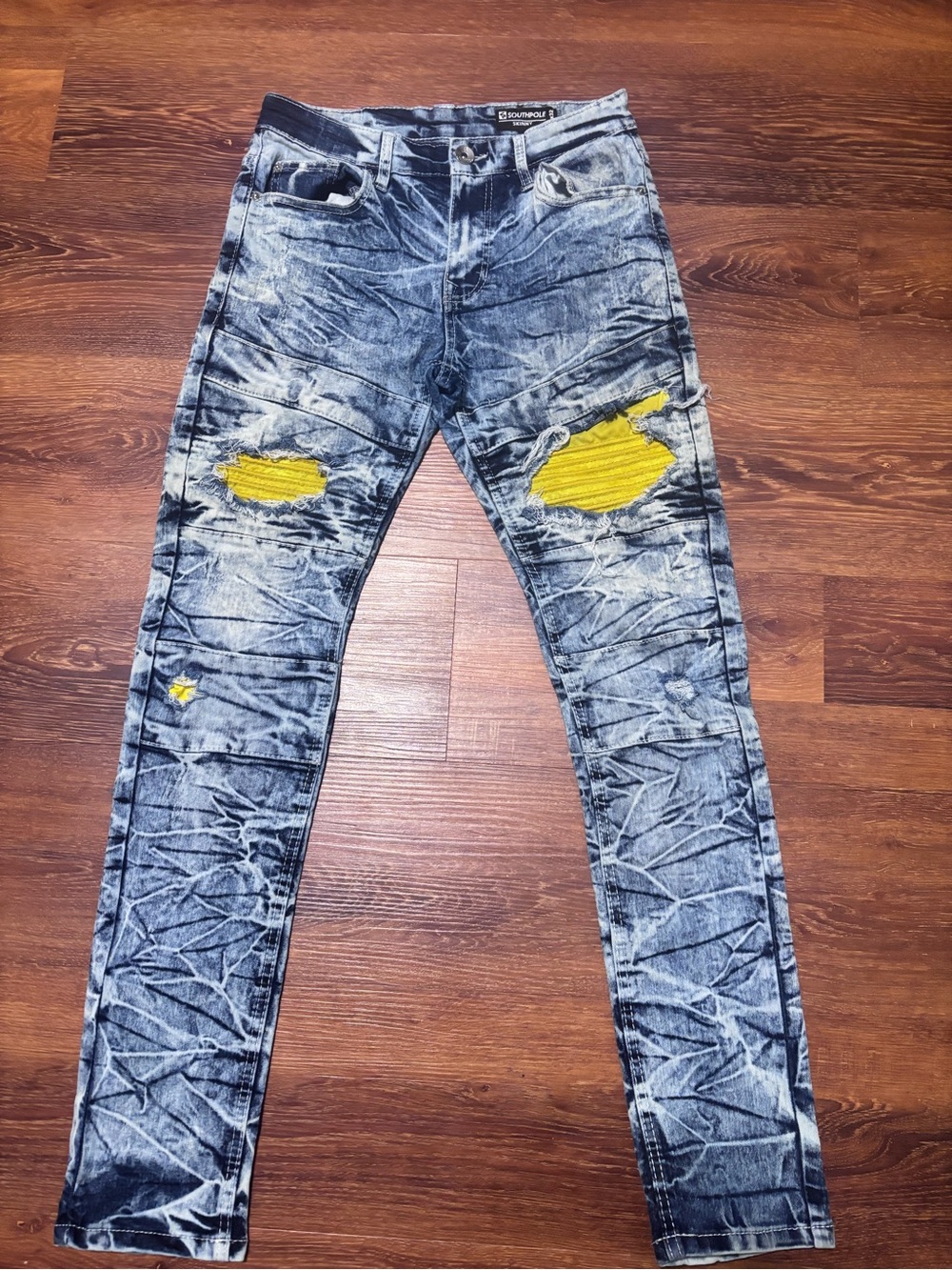 South Pole Men’s Skinny Acid-Wash Jeans with Yellow Patch Accents